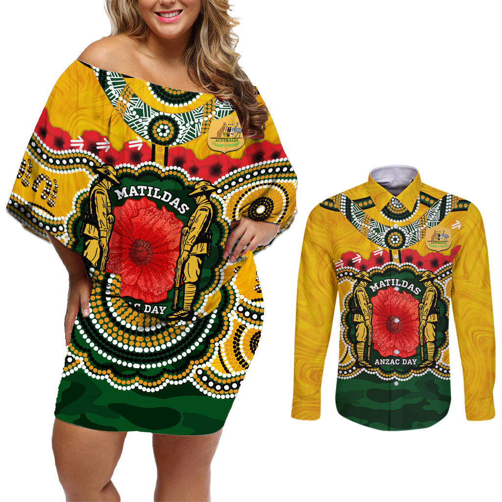 Matildas ANZAC Day 2024 Couples Matching Off Shoulder Short Dress and Long Sleeve Button Shirt Australian Army We Will Remember Them Aboriginal Art