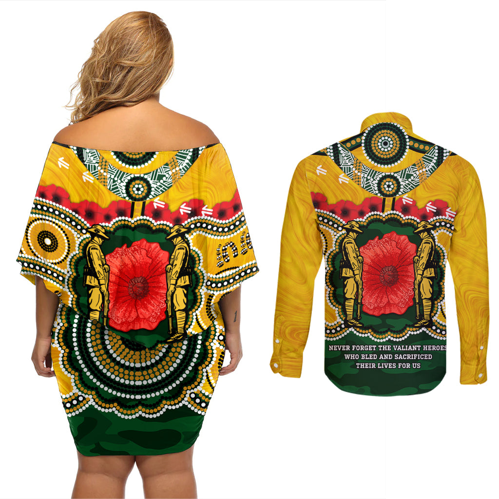 Matildas ANZAC Day 2024 Couples Matching Off Shoulder Short Dress and Long Sleeve Button Shirt Australian Army We Will Remember Them Aboriginal Art