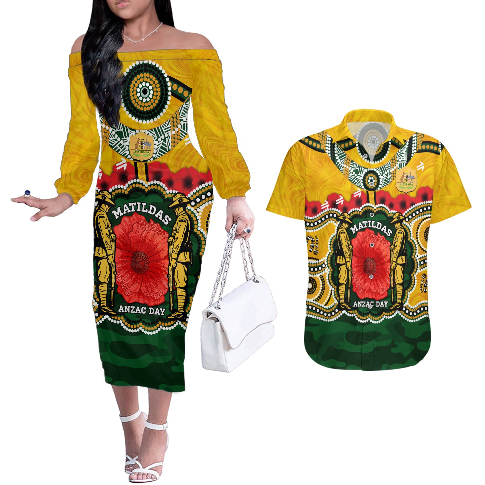 Matildas ANZAC Day 2024 Couples Matching Off The Shoulder Long Sleeve Dress and Hawaiian Shirt Australian Army We Will Remember Them Aboriginal Art