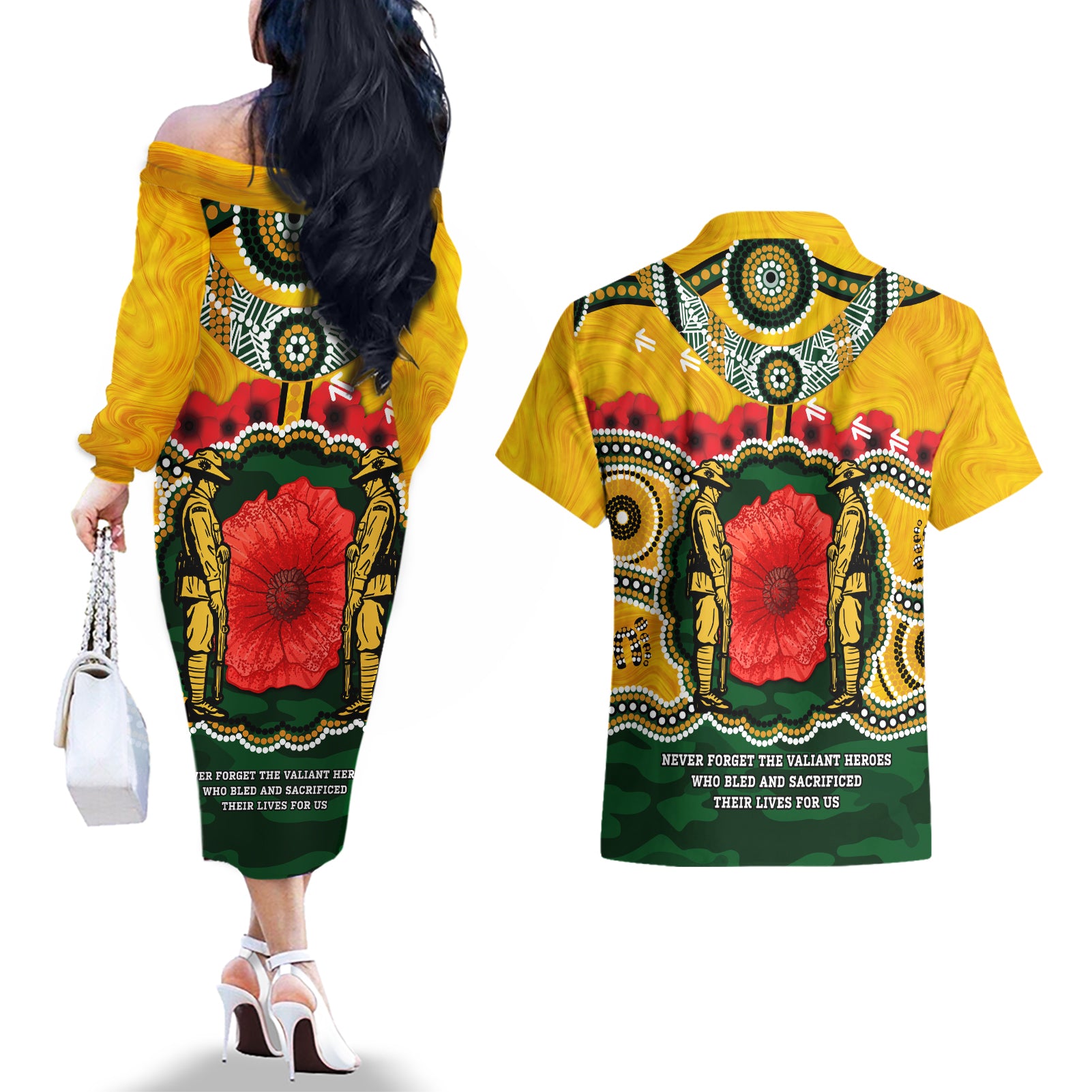Matildas ANZAC Day 2024 Couples Matching Off The Shoulder Long Sleeve Dress and Hawaiian Shirt Australian Army We Will Remember Them Aboriginal Art