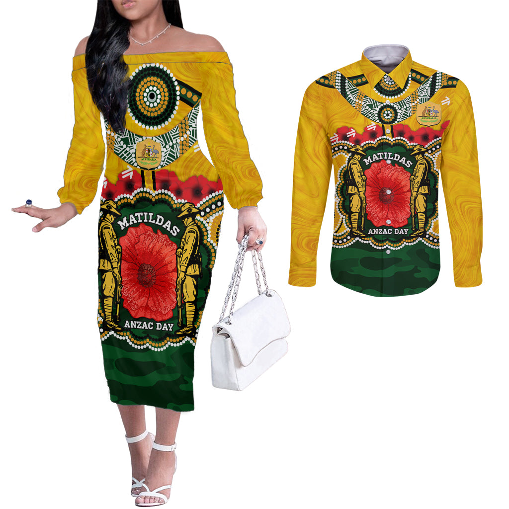 Matildas ANZAC Day 2024 Couples Matching Off The Shoulder Long Sleeve Dress and Long Sleeve Button Shirt Australian Army We Will Remember Them Aboriginal Art