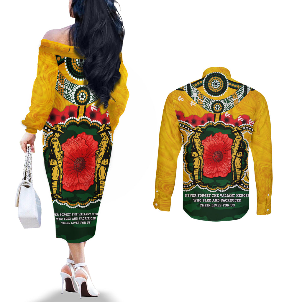 Matildas ANZAC Day 2024 Couples Matching Off The Shoulder Long Sleeve Dress and Long Sleeve Button Shirt Australian Army We Will Remember Them Aboriginal Art