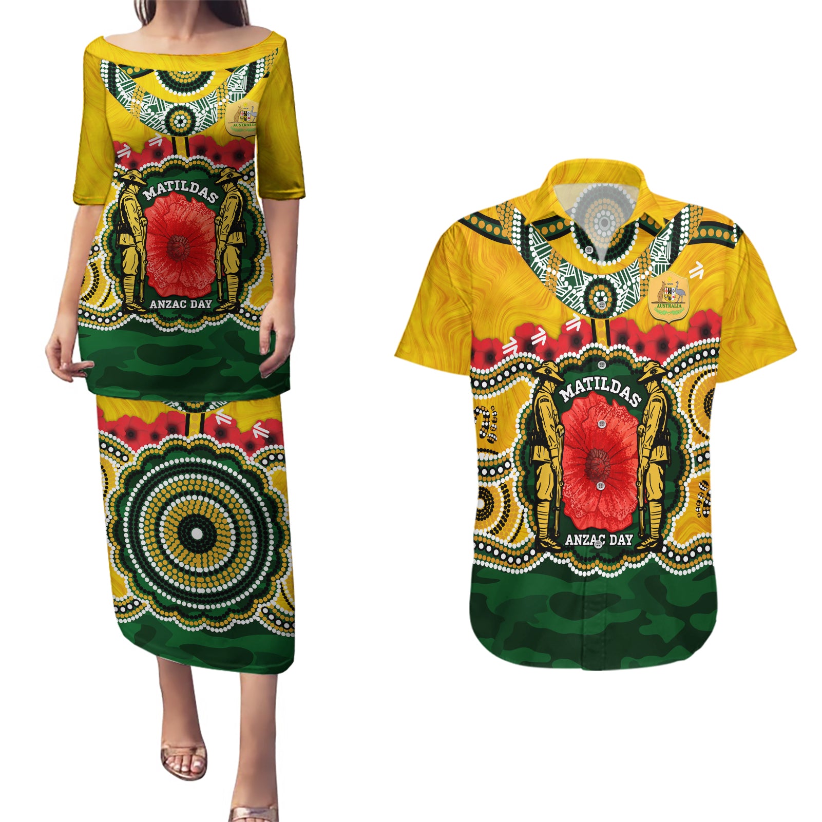 Matildas ANZAC Day 2024 Couples Matching Puletasi and Hawaiian Shirt Australian Army We Will Remember Them Aboriginal Art