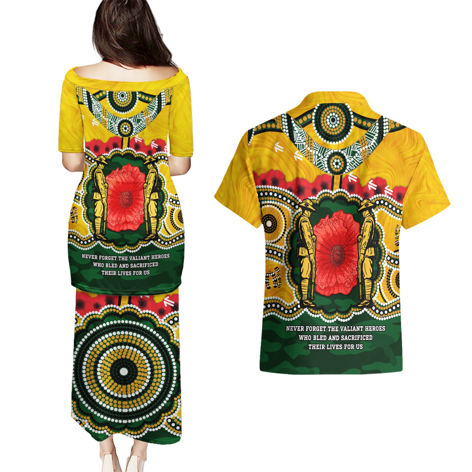Matildas ANZAC Day 2024 Couples Matching Puletasi and Hawaiian Shirt Australian Army We Will Remember Them Aboriginal Art