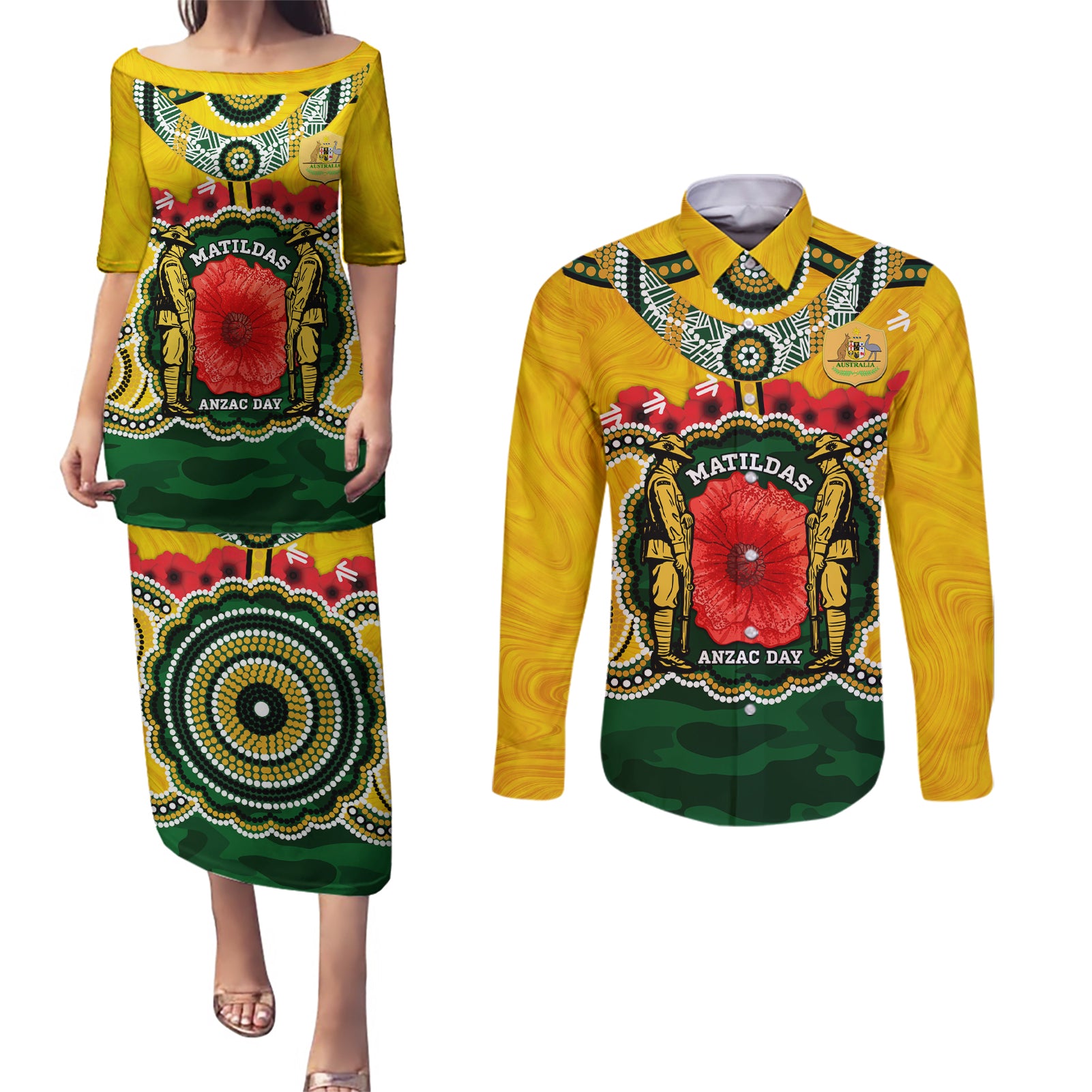 Matildas ANZAC Day 2024 Couples Matching Puletasi and Long Sleeve Button Shirt Australian Army We Will Remember Them Aboriginal Art