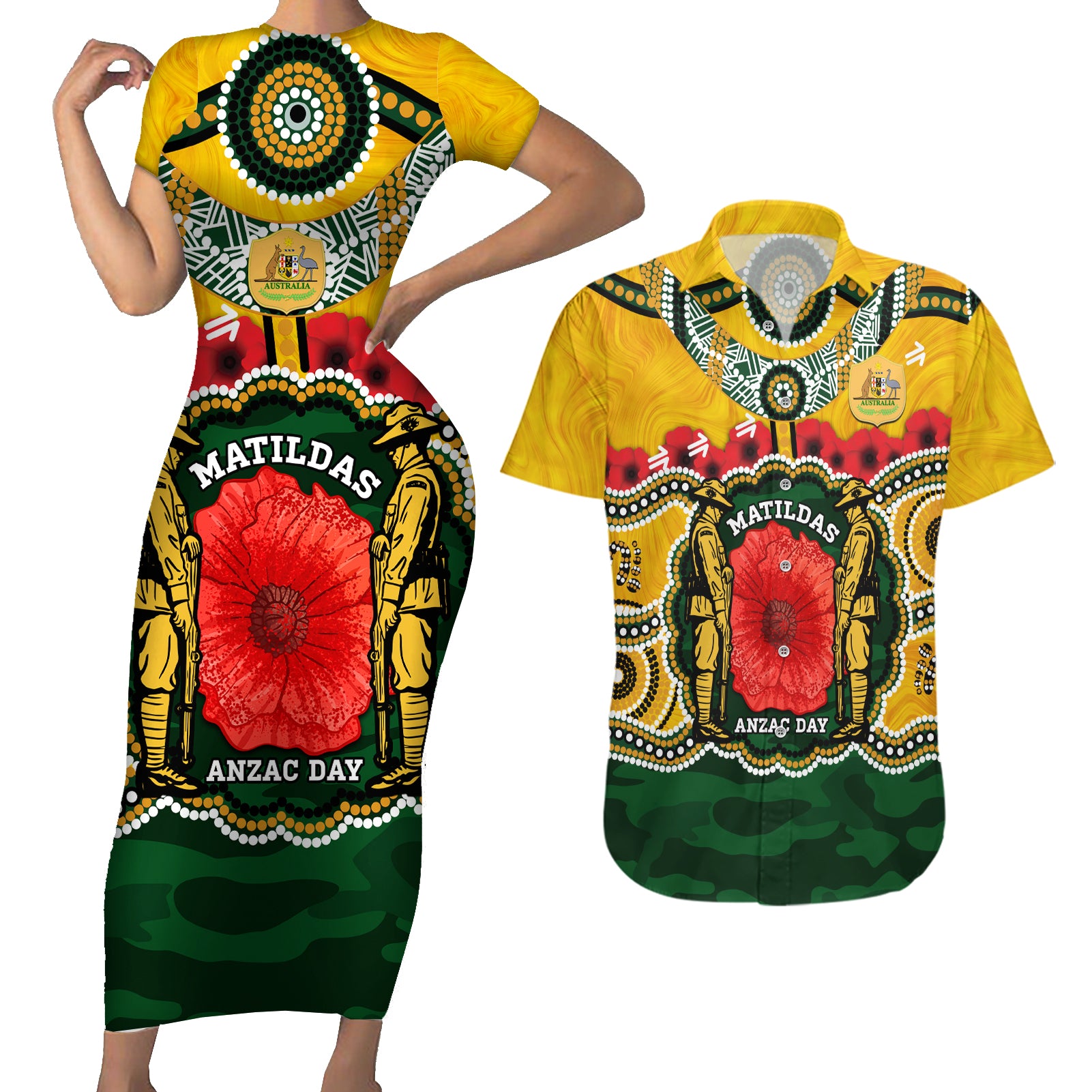 Matildas ANZAC Day 2024 Couples Matching Short Sleeve Bodycon Dress and Hawaiian Shirt Australian Army We Will Remember Them Aboriginal Art