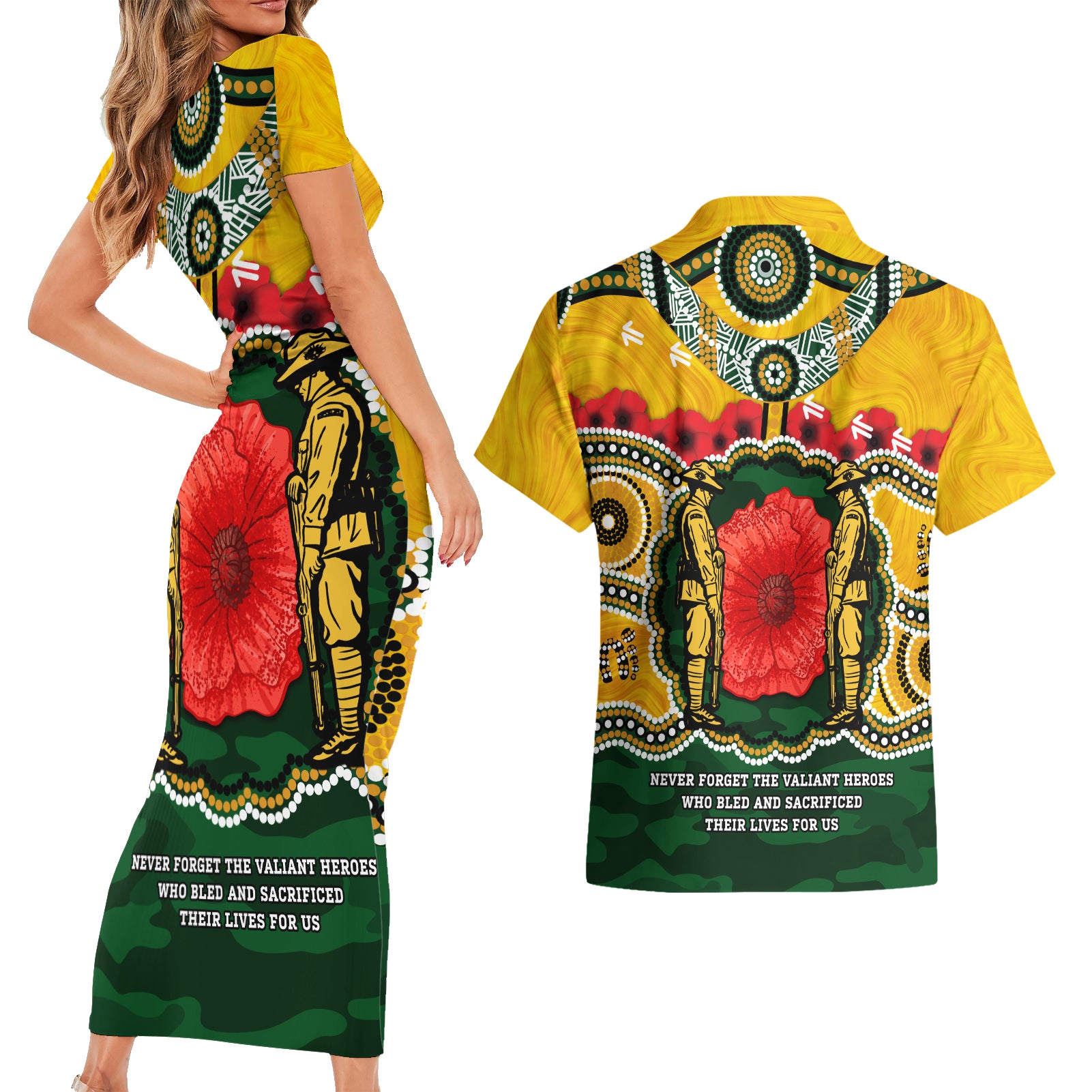 Matildas ANZAC Day 2024 Couples Matching Short Sleeve Bodycon Dress and Hawaiian Shirt Australian Army We Will Remember Them Aboriginal Art
