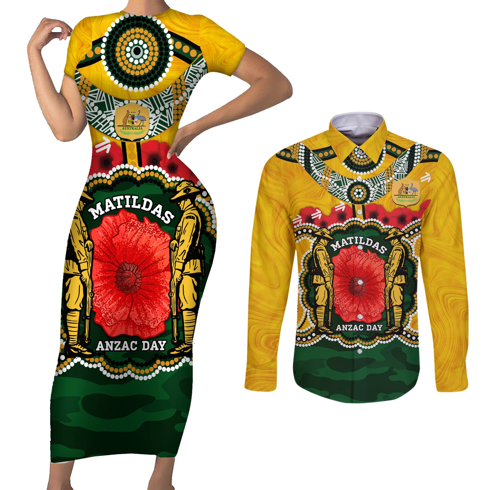 Matildas ANZAC Day 2024 Couples Matching Short Sleeve Bodycon Dress and Long Sleeve Button Shirt Australian Army We Will Remember Them Aboriginal Art