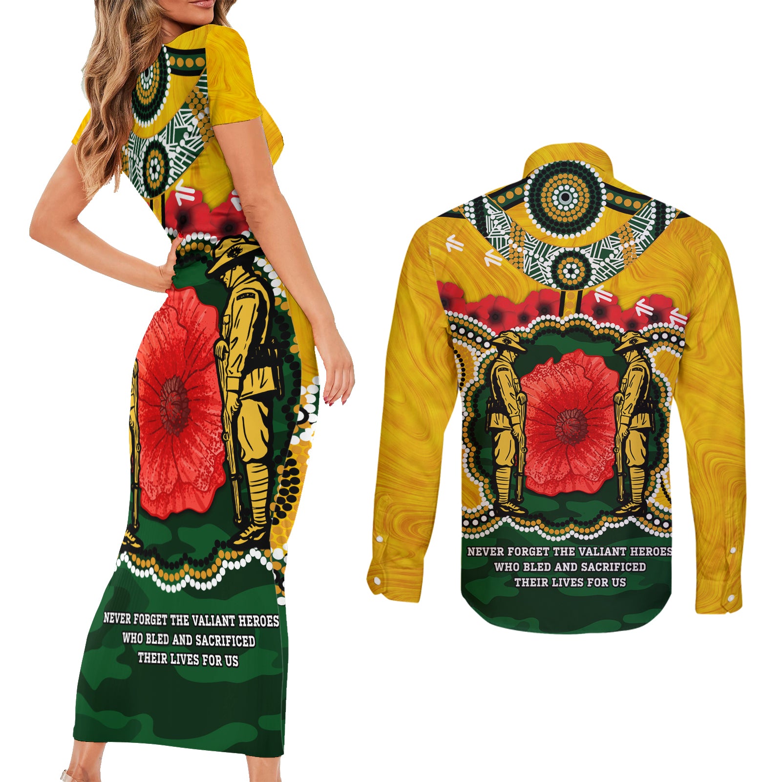 Matildas ANZAC Day 2024 Couples Matching Short Sleeve Bodycon Dress and Long Sleeve Button Shirt Australian Army We Will Remember Them Aboriginal Art