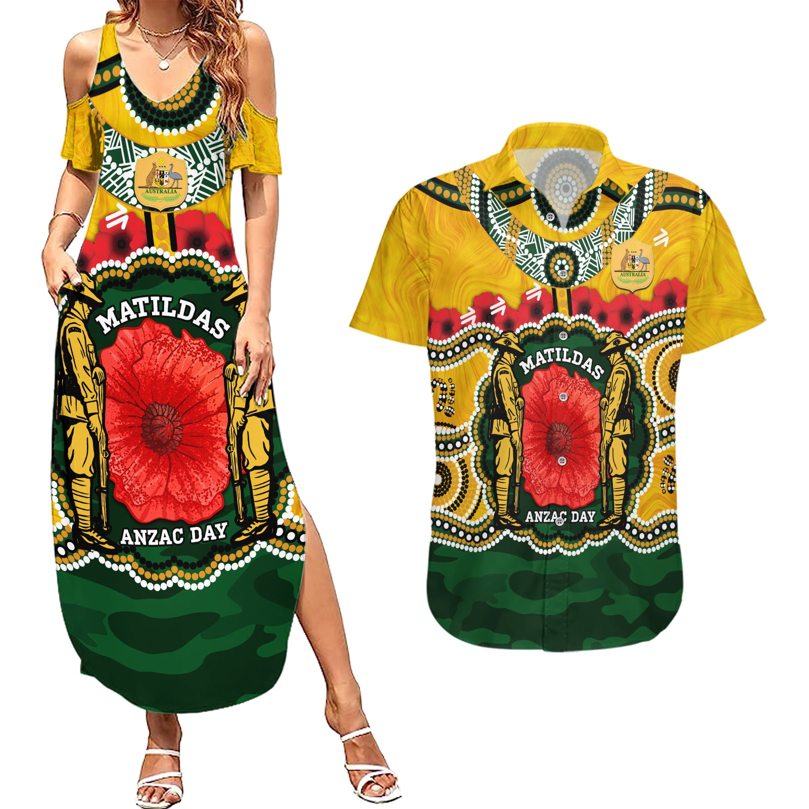 Matildas ANZAC Day 2024 Couples Matching Summer Maxi Dress and Hawaiian Shirt Australian Army We Will Remember Them Aboriginal Art