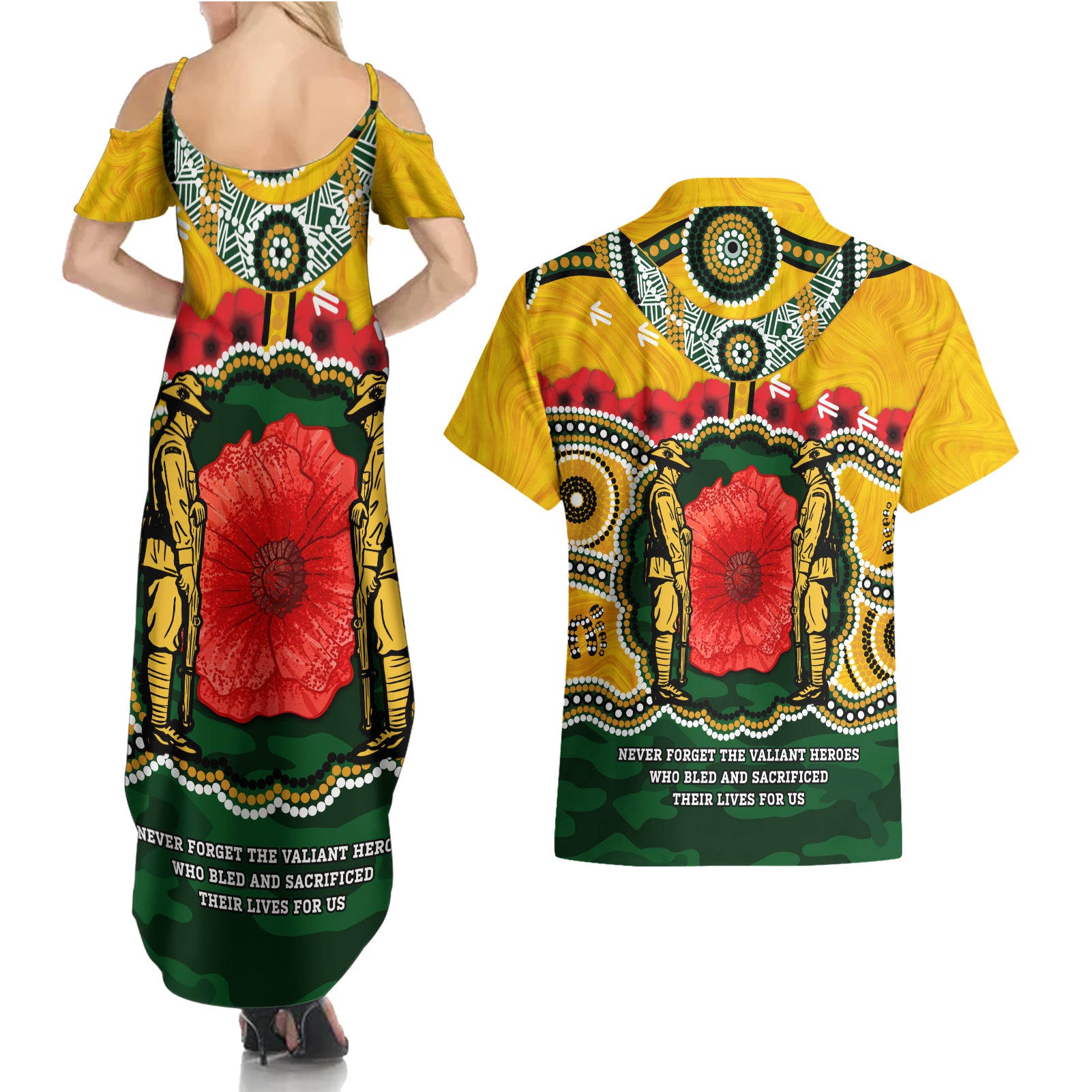 Matildas ANZAC Day 2024 Couples Matching Summer Maxi Dress and Hawaiian Shirt Australian Army We Will Remember Them Aboriginal Art