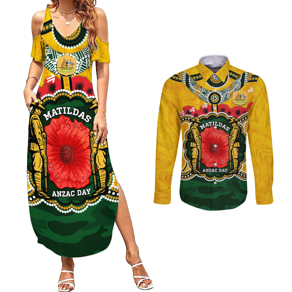 Matildas ANZAC Day 2024 Couples Matching Summer Maxi Dress and Long Sleeve Button Shirt Australian Army We Will Remember Them Aboriginal Art