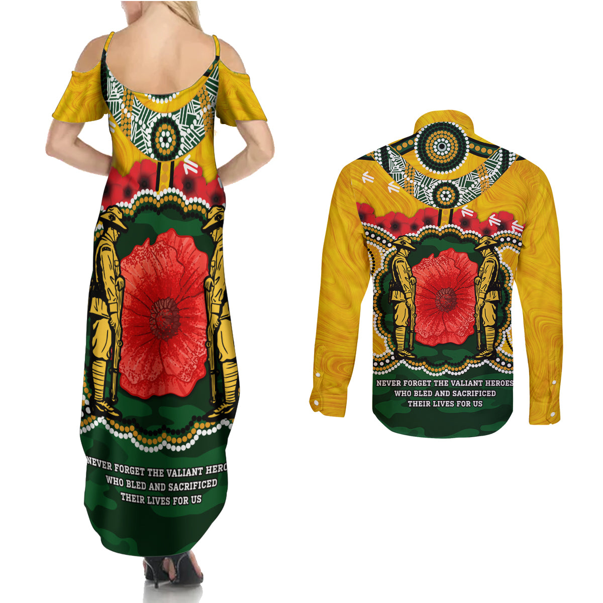 Matildas ANZAC Day 2024 Couples Matching Summer Maxi Dress and Long Sleeve Button Shirt Australian Army We Will Remember Them Aboriginal Art