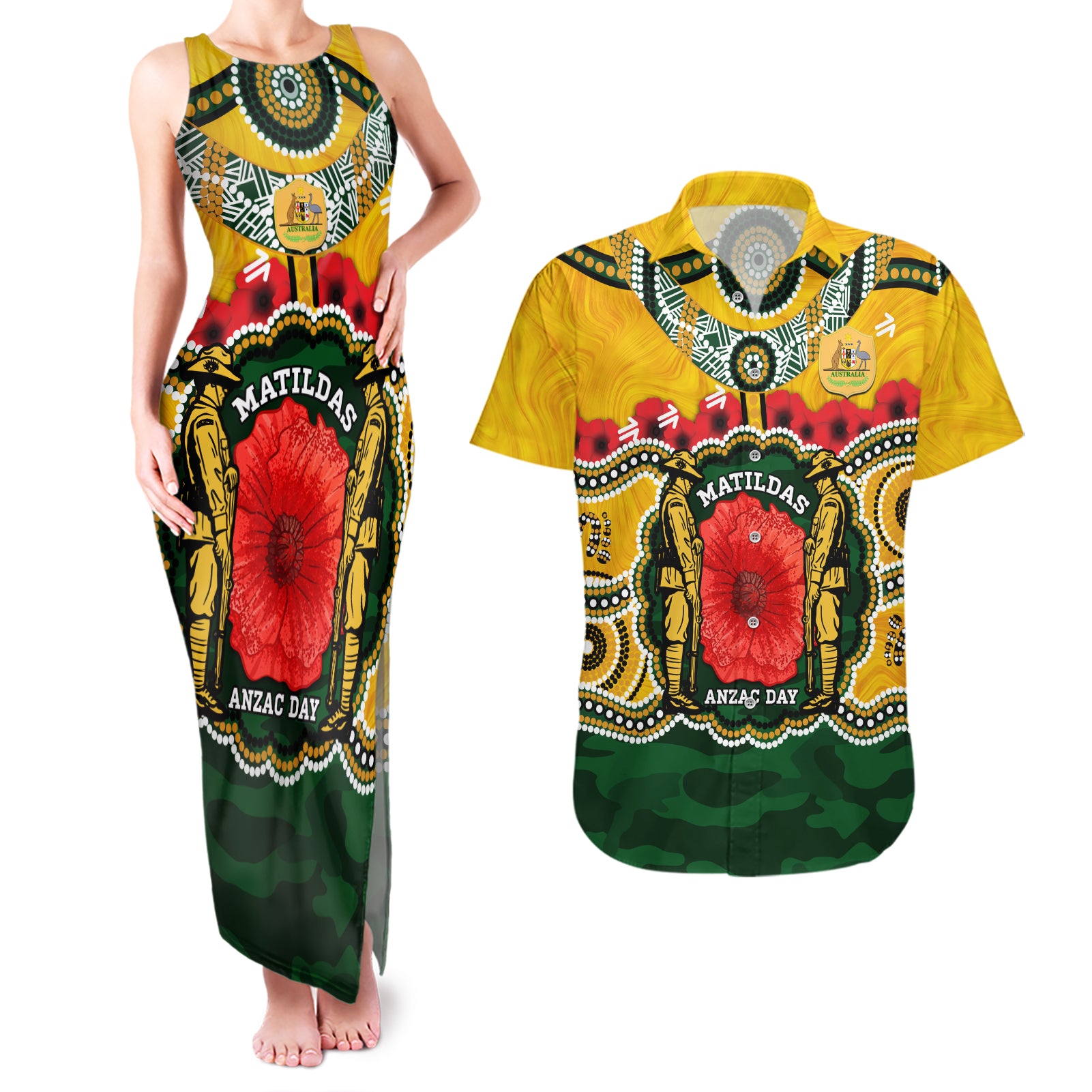 Matildas ANZAC Day 2024 Couples Matching Tank Maxi Dress and Hawaiian Shirt Australian Army We Will Remember Them Aboriginal Art