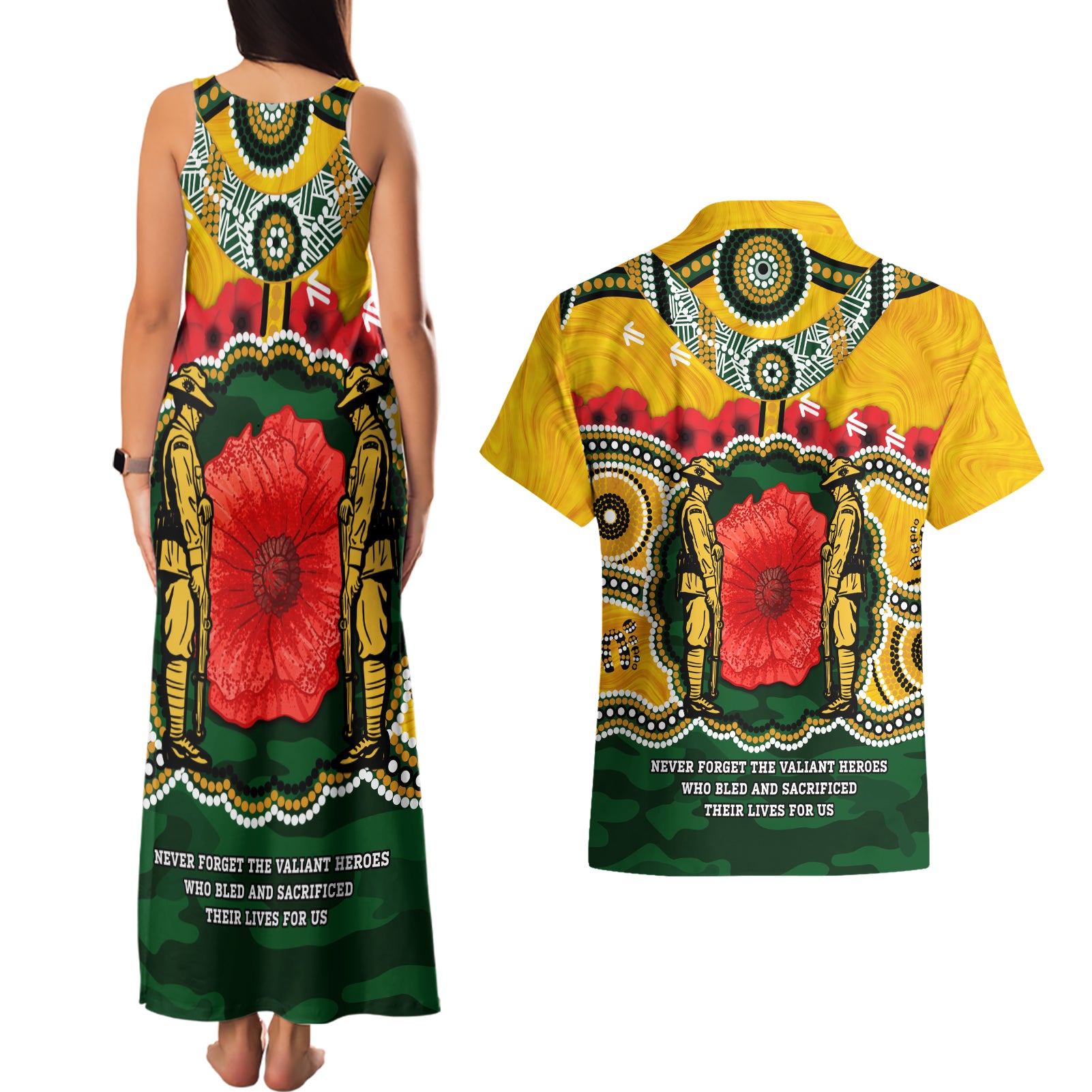 Matildas ANZAC Day 2024 Couples Matching Tank Maxi Dress and Hawaiian Shirt Australian Army We Will Remember Them Aboriginal Art