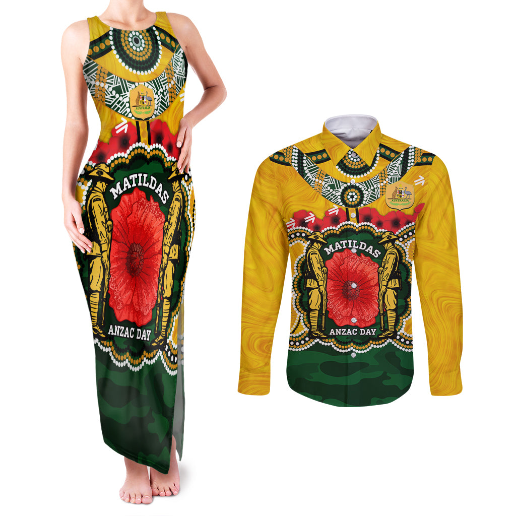 Matildas ANZAC Day 2024 Couples Matching Tank Maxi Dress and Long Sleeve Button Shirt Australian Army We Will Remember Them Aboriginal Art