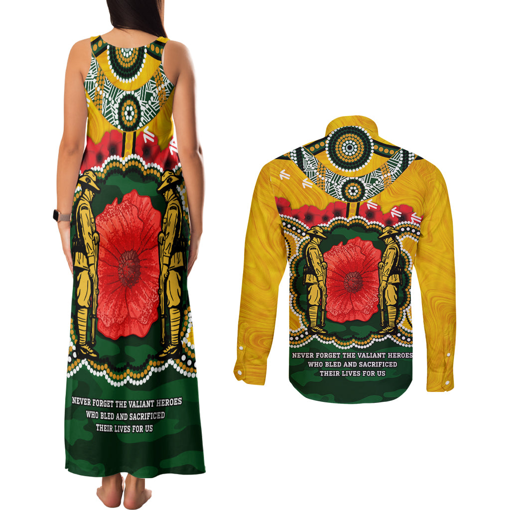 Matildas ANZAC Day 2024 Couples Matching Tank Maxi Dress and Long Sleeve Button Shirt Australian Army We Will Remember Them Aboriginal Art