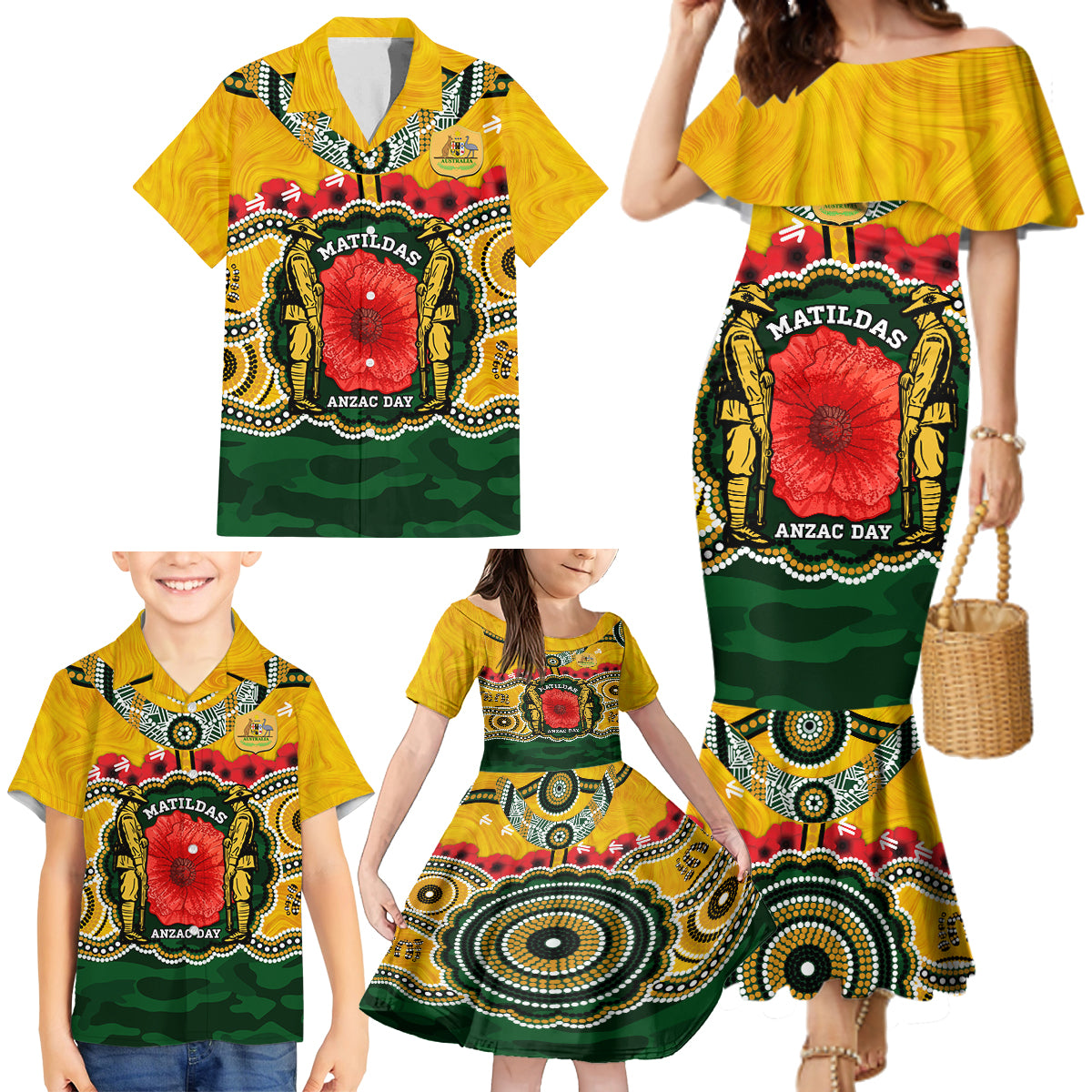 Matildas ANZAC Day 2024 Family Matching Mermaid Dress and Hawaiian Shirt Australian Army We Will Remember Them Aboriginal Art