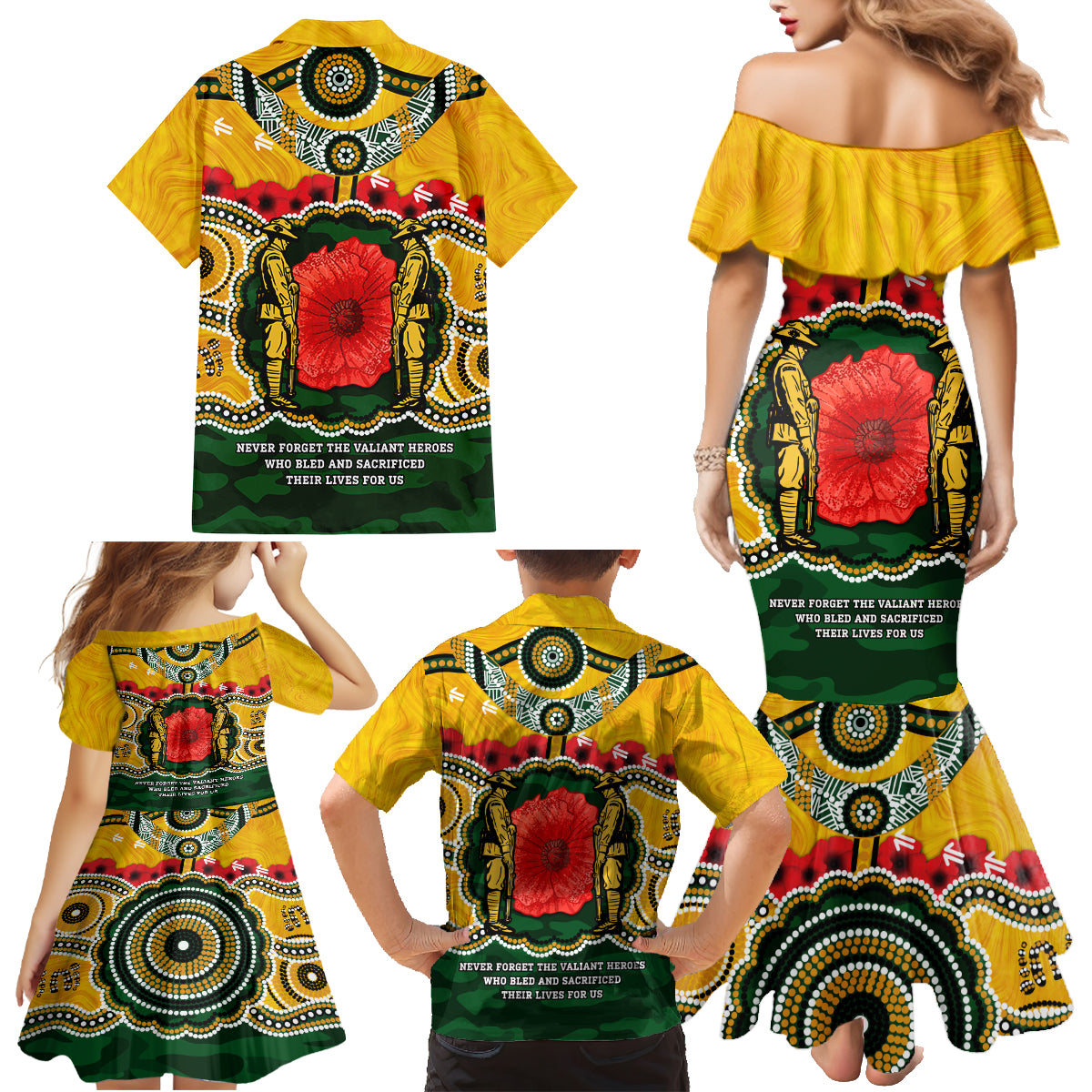 Matildas ANZAC Day 2024 Family Matching Mermaid Dress and Hawaiian Shirt Australian Army We Will Remember Them Aboriginal Art