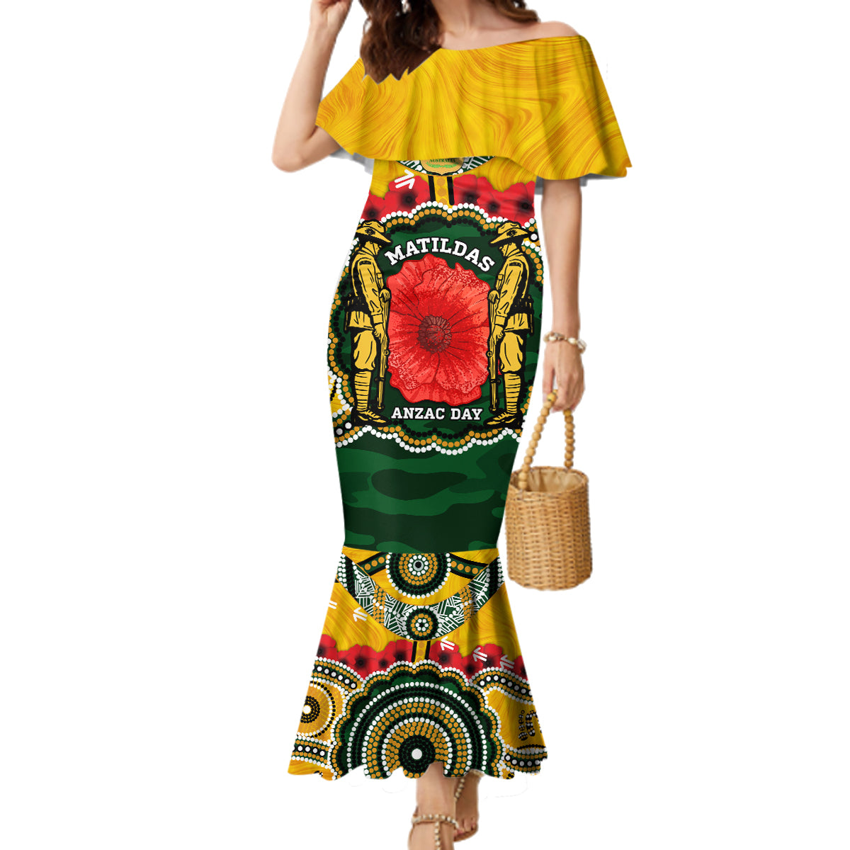 Matildas ANZAC Day 2024 Family Matching Mermaid Dress and Hawaiian Shirt Australian Army We Will Remember Them Aboriginal Art