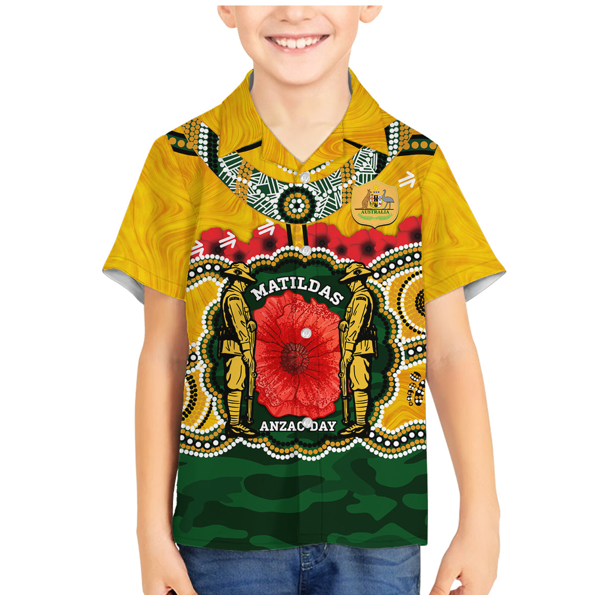 Matildas ANZAC Day 2024 Family Matching Mermaid Dress and Hawaiian Shirt Australian Army We Will Remember Them Aboriginal Art