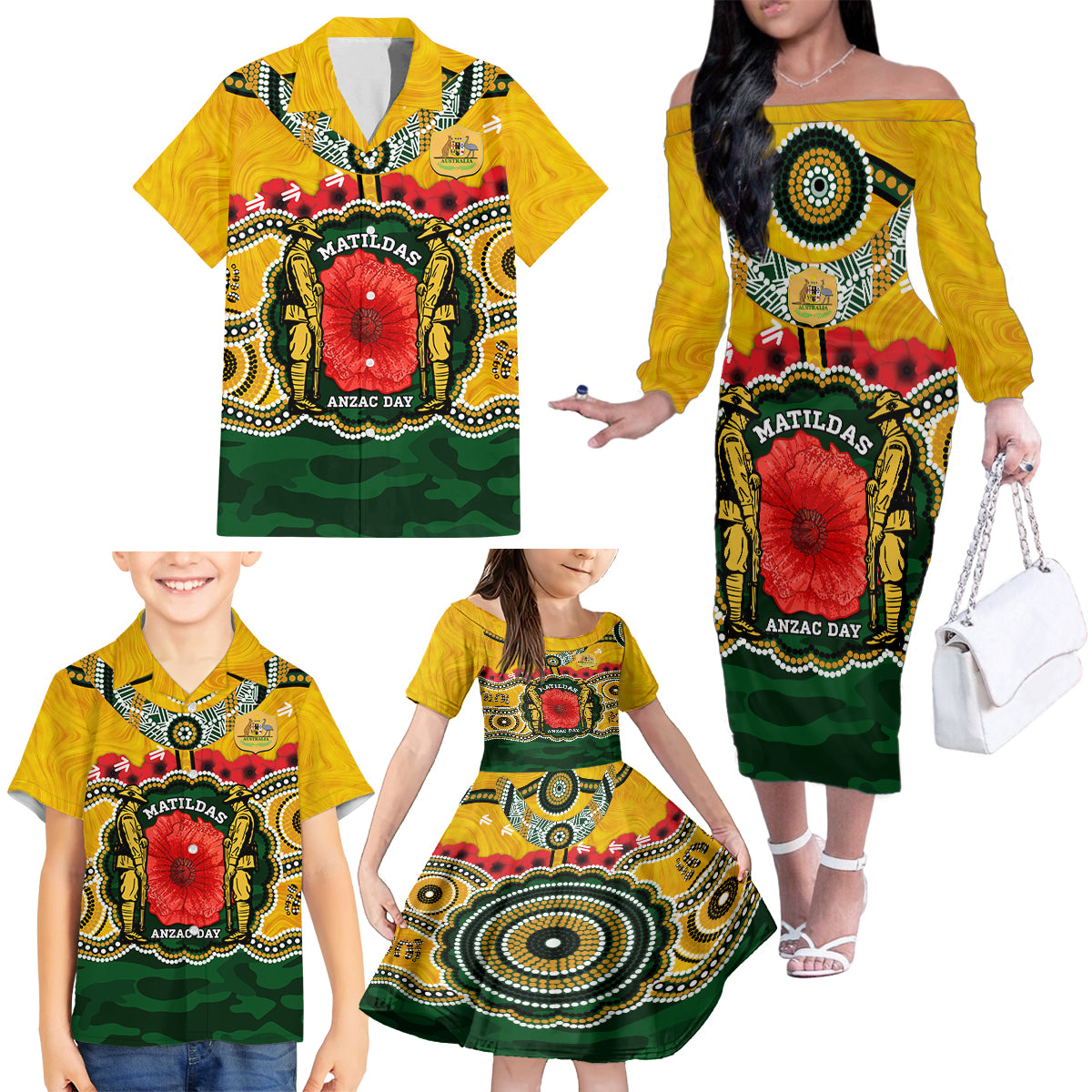 Matildas ANZAC Day 2024 Family Matching Off Shoulder Long Sleeve Dress and Hawaiian Shirt Australian Army We Will Remember Them Aboriginal Art