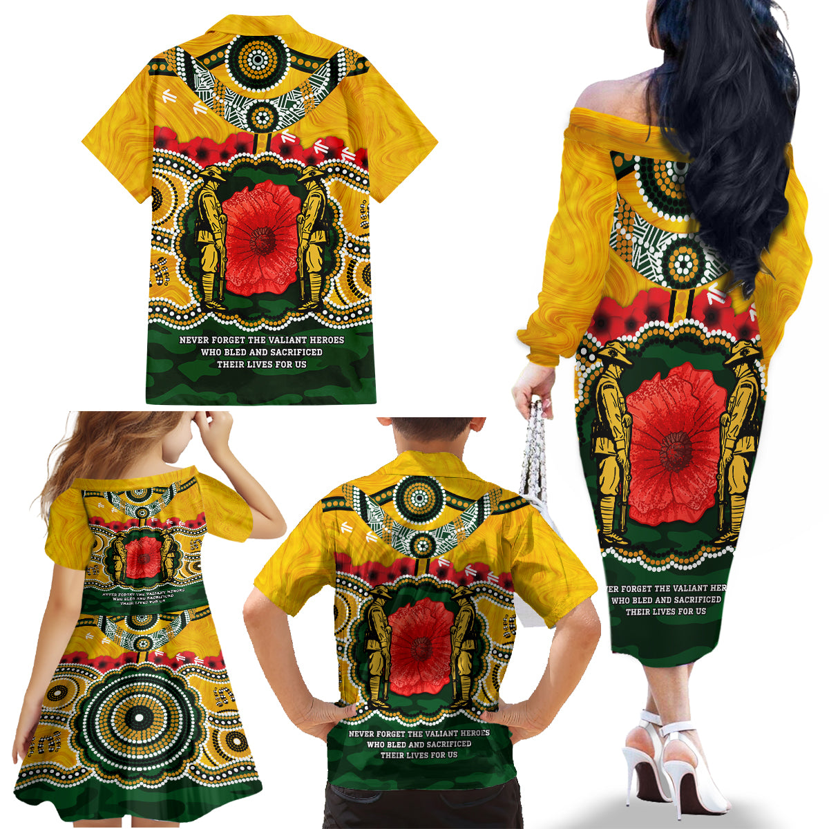 Matildas ANZAC Day 2024 Family Matching Off Shoulder Long Sleeve Dress and Hawaiian Shirt Australian Army We Will Remember Them Aboriginal Art