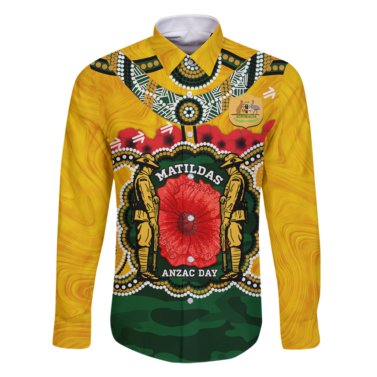Matildas ANZAC Day 2024 Family Matching Off Shoulder Long Sleeve Dress and Hawaiian Shirt Australian Army We Will Remember Them Aboriginal Art