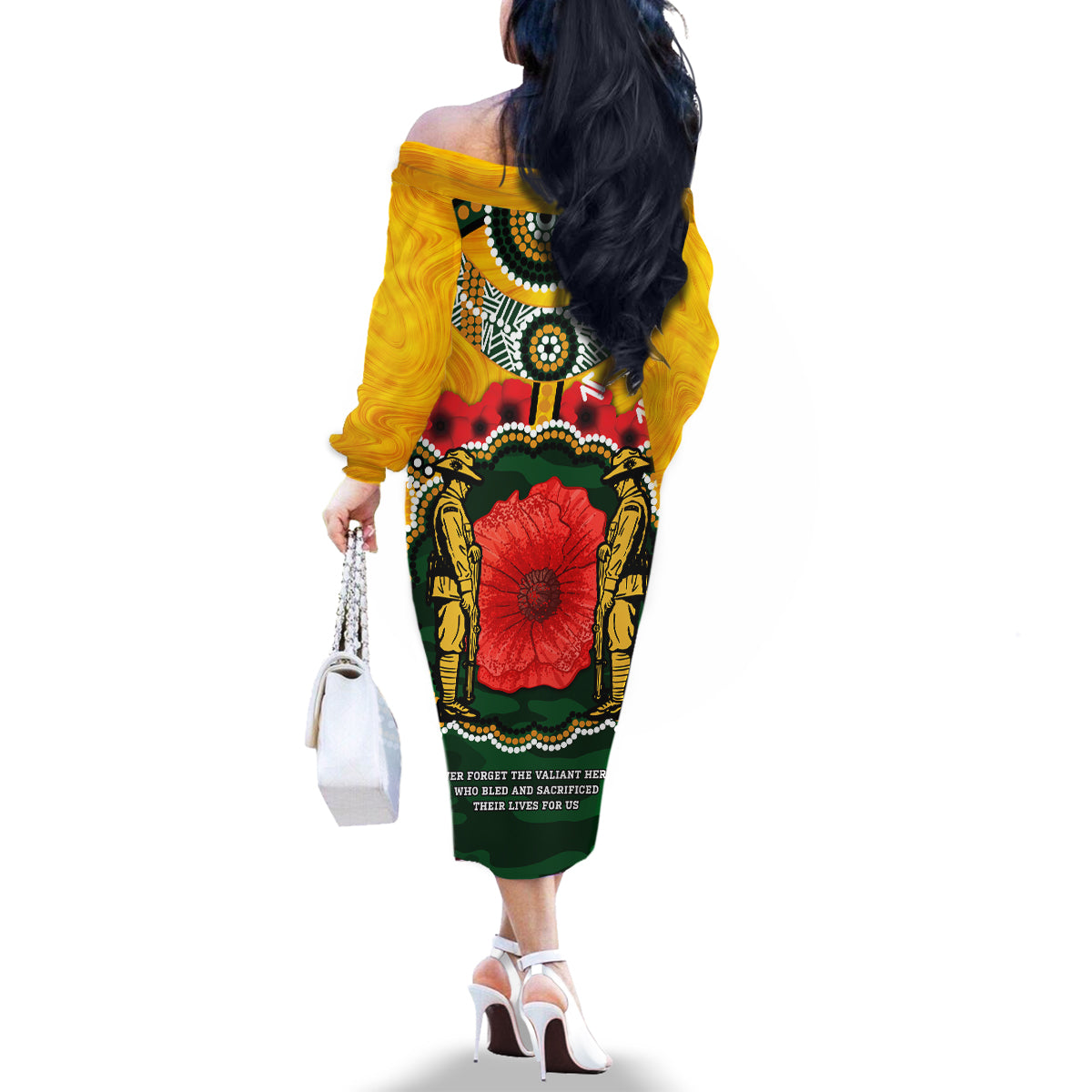 Matildas ANZAC Day 2024 Family Matching Off Shoulder Long Sleeve Dress and Hawaiian Shirt Australian Army We Will Remember Them Aboriginal Art