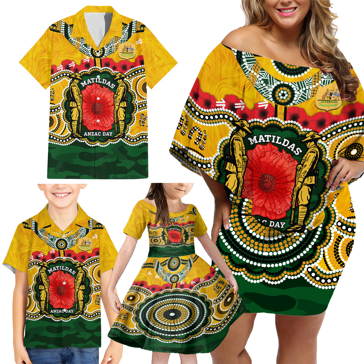 Matildas ANZAC Day 2024 Family Matching Off Shoulder Short Dress and Hawaiian Shirt Australian Army We Will Remember Them Aboriginal Art