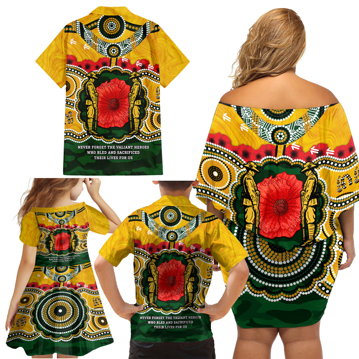 Matildas ANZAC Day 2024 Family Matching Off Shoulder Short Dress and Hawaiian Shirt Australian Army We Will Remember Them Aboriginal Art