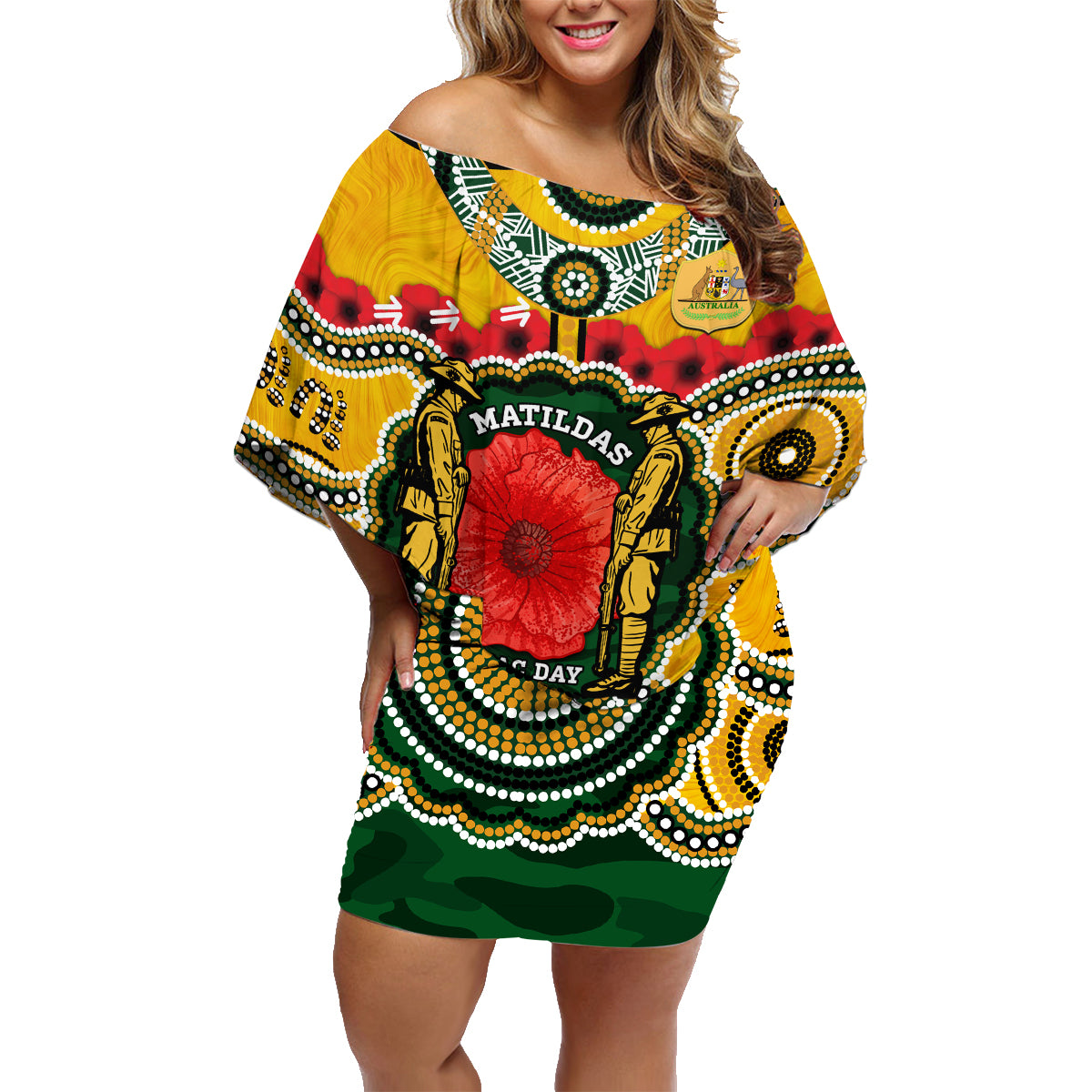 Matildas ANZAC Day 2024 Family Matching Off Shoulder Short Dress and Hawaiian Shirt Australian Army We Will Remember Them Aboriginal Art