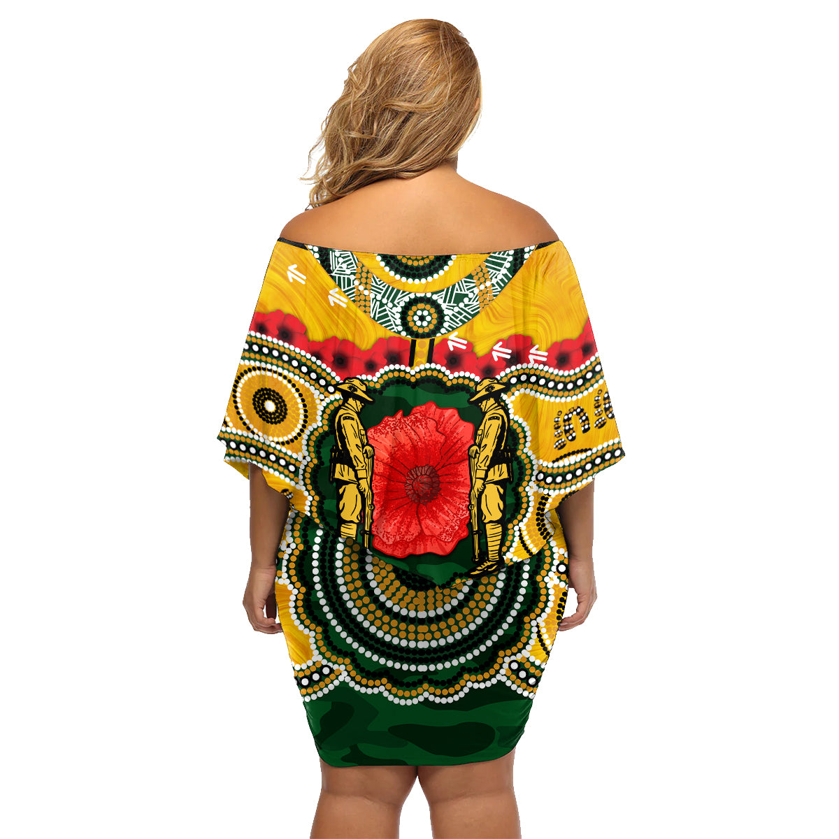 Matildas ANZAC Day 2024 Family Matching Off Shoulder Short Dress and Hawaiian Shirt Australian Army We Will Remember Them Aboriginal Art