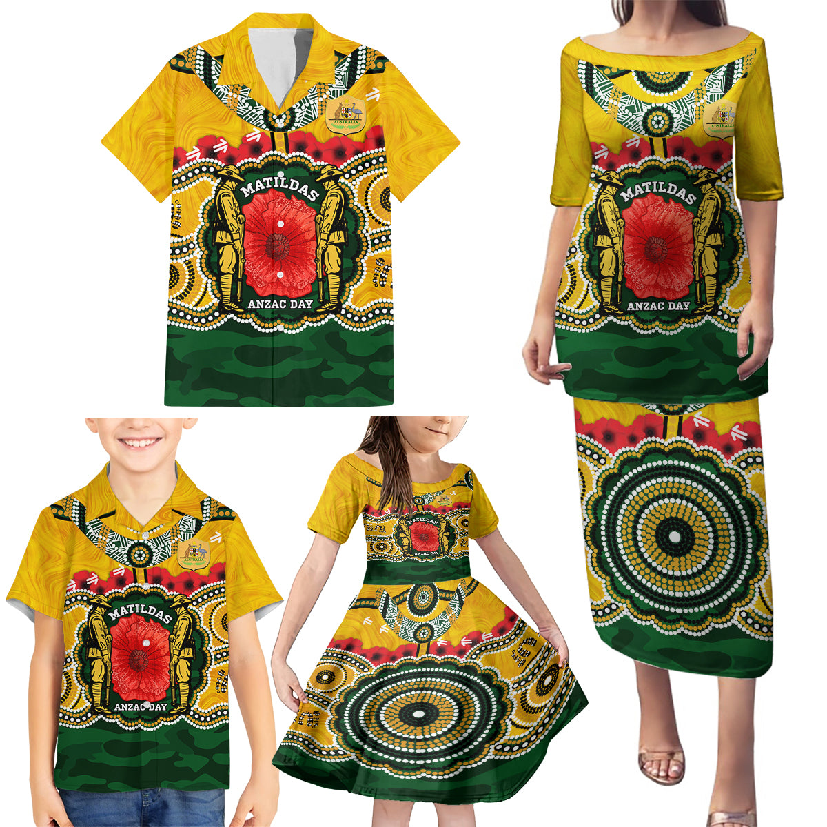 Matildas ANZAC Day 2024 Family Matching Puletasi and Hawaiian Shirt Australian Army We Will Remember Them Aboriginal Art