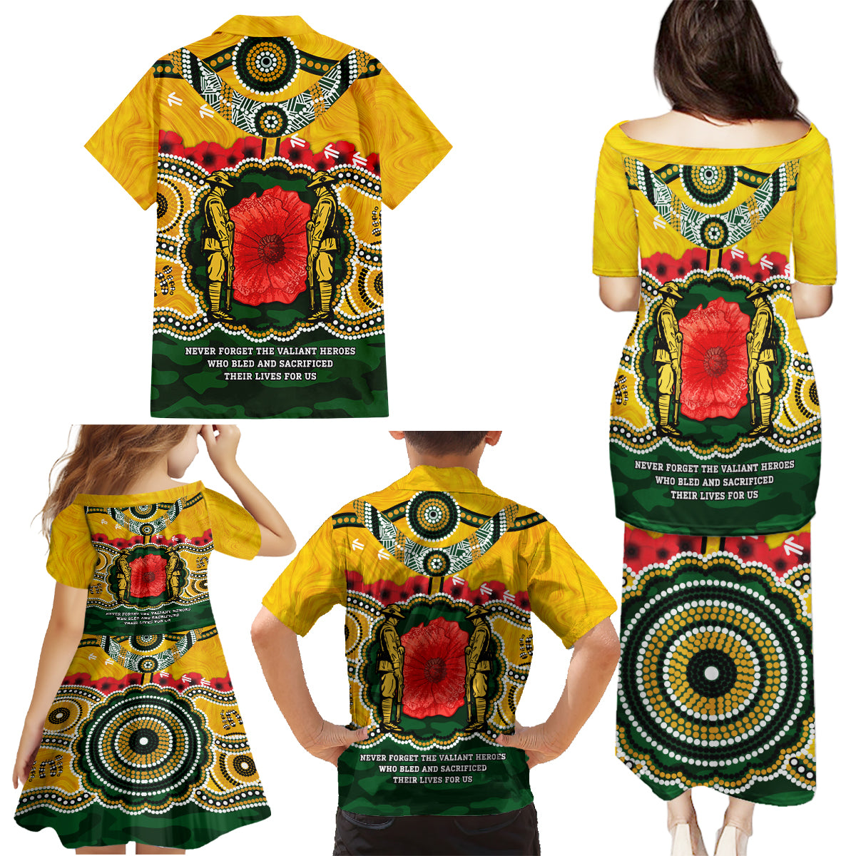 Matildas ANZAC Day 2024 Family Matching Puletasi and Hawaiian Shirt Australian Army We Will Remember Them Aboriginal Art