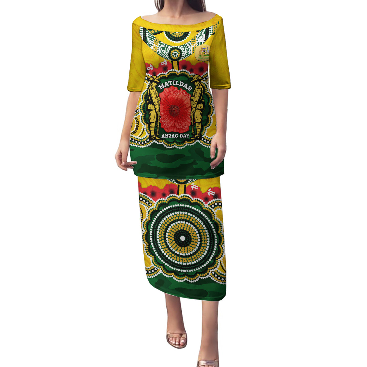 Matildas ANZAC Day 2024 Family Matching Puletasi and Hawaiian Shirt Australian Army We Will Remember Them Aboriginal Art