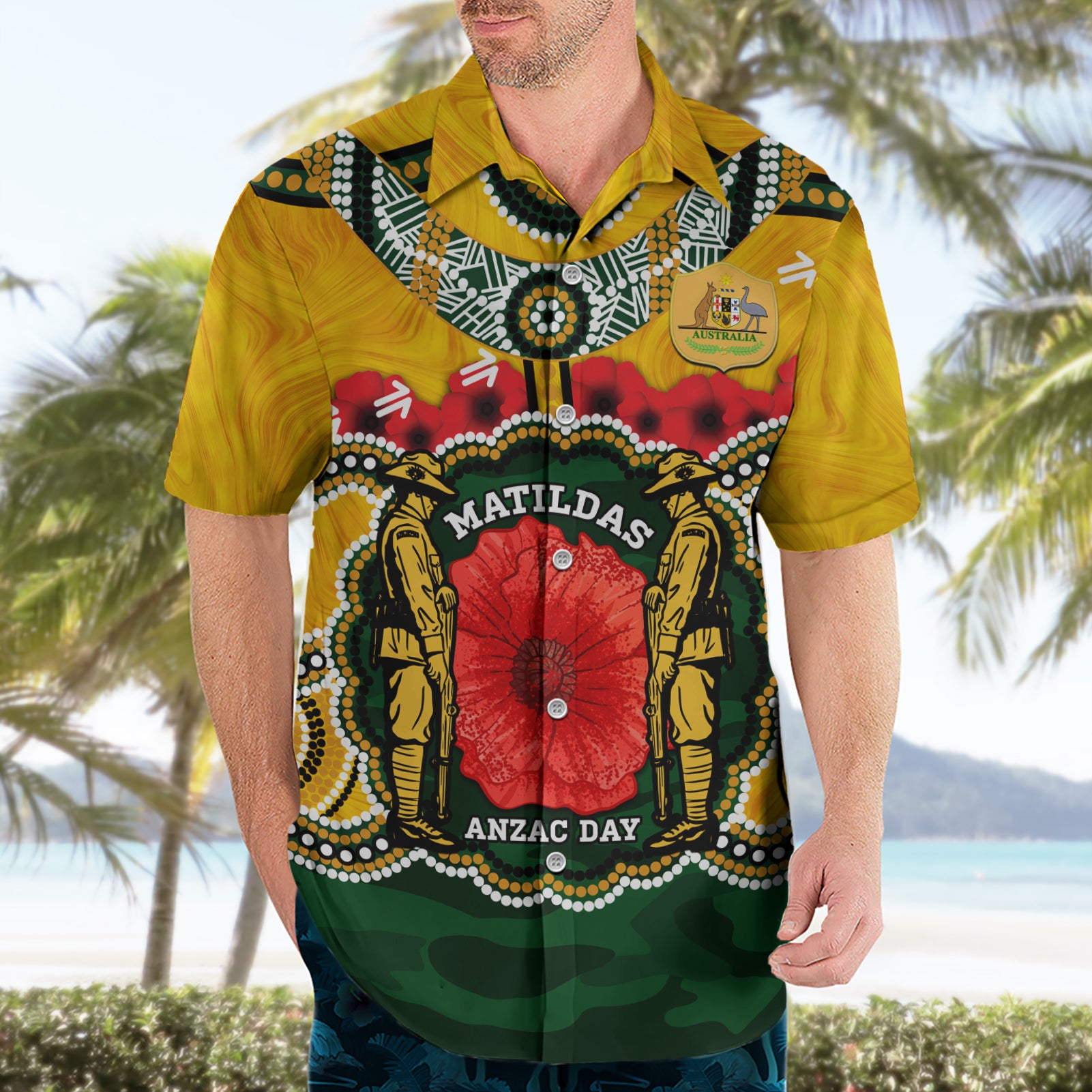 Matildas ANZAC Day 2024 Hawaiian Shirt Australian Army We Will Remember Them Aboriginal Art - Vibe Hoodie Shop