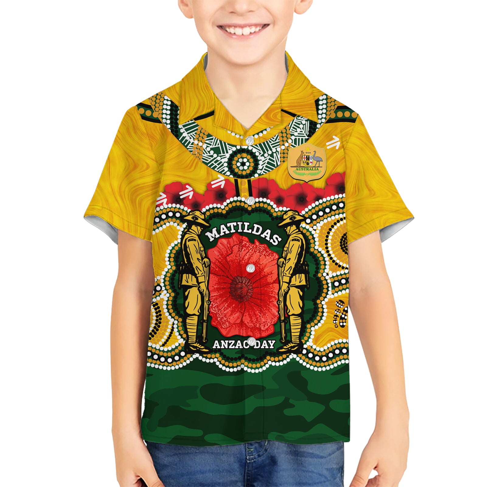 Matildas ANZAC Day 2024 Hawaiian Shirt Australian Army We Will Remember Them Aboriginal Art - Vibe Hoodie Shop
