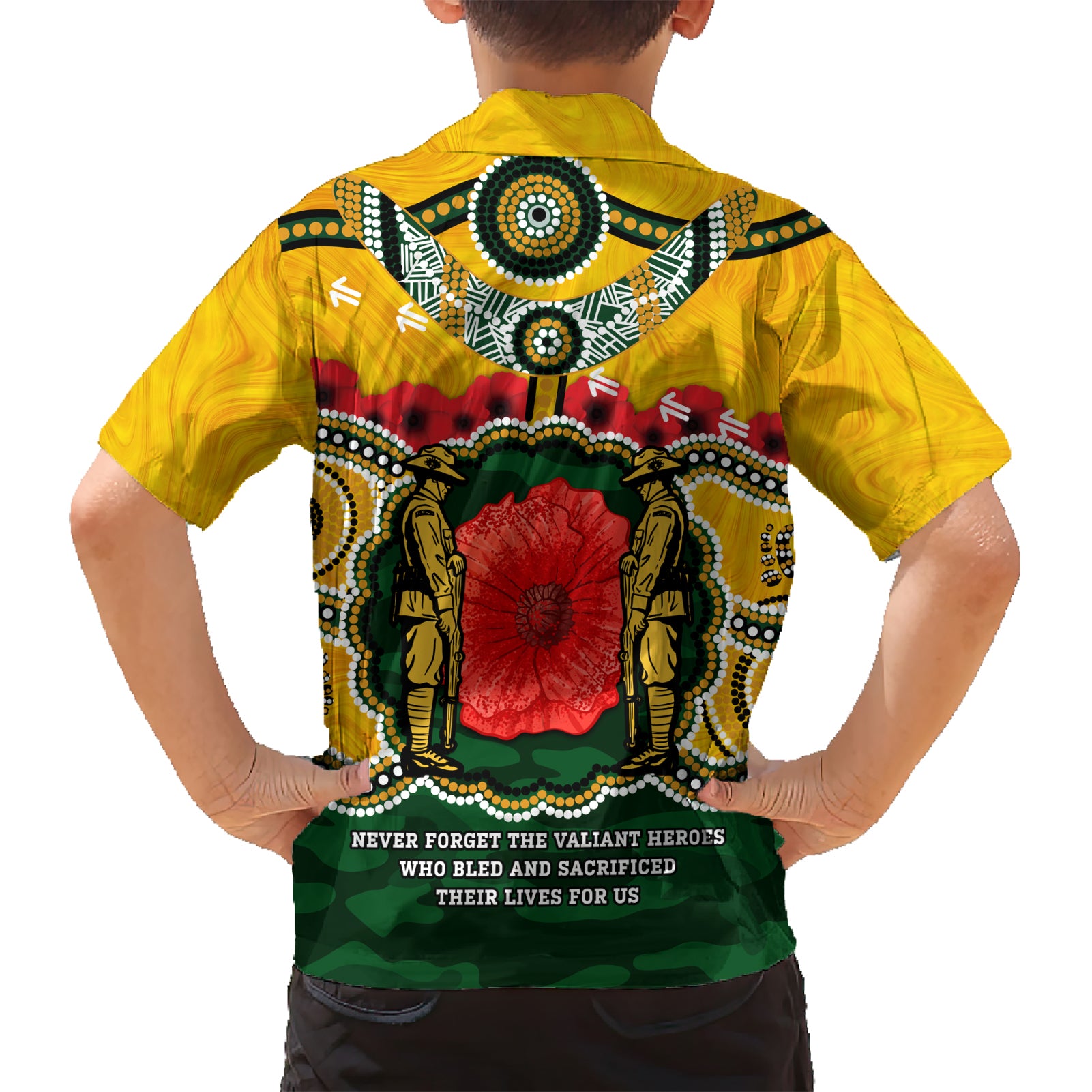 Matildas ANZAC Day 2024 Kid Hawaiian Shirt Australian Army We Will Remember Them Aboriginal Art
