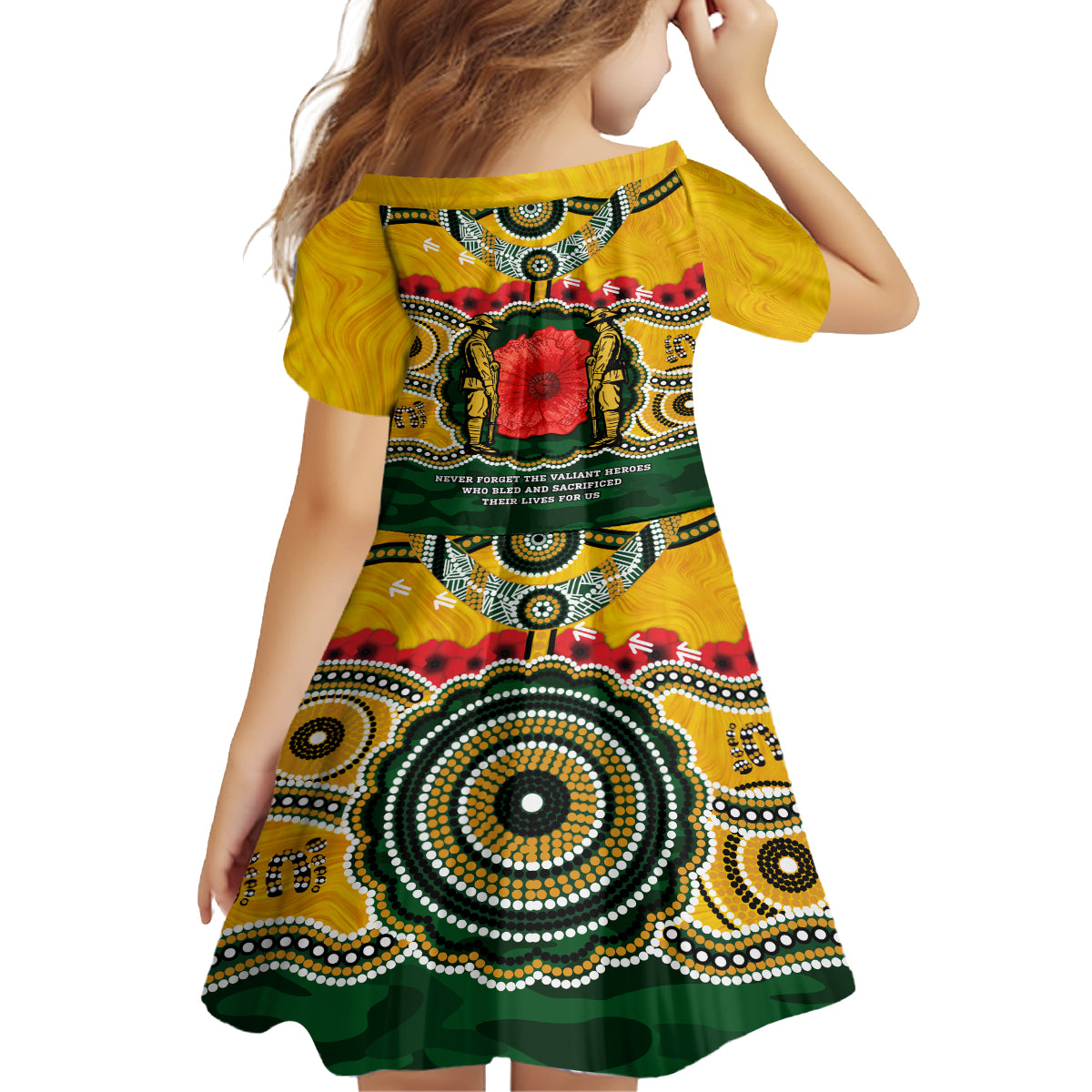 Matildas ANZAC Day 2024 Kid Short Sleeve Dress Australian Army We Will Remember Them Aboriginal Art - Vibe Hoodie Shop