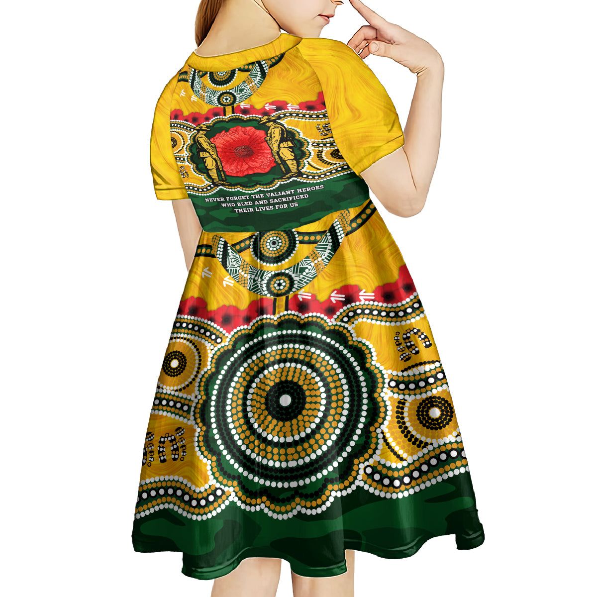 Matildas ANZAC Day 2024 Kid Short Sleeve Dress Australian Army We Will Remember Them Aboriginal Art - Vibe Hoodie Shop