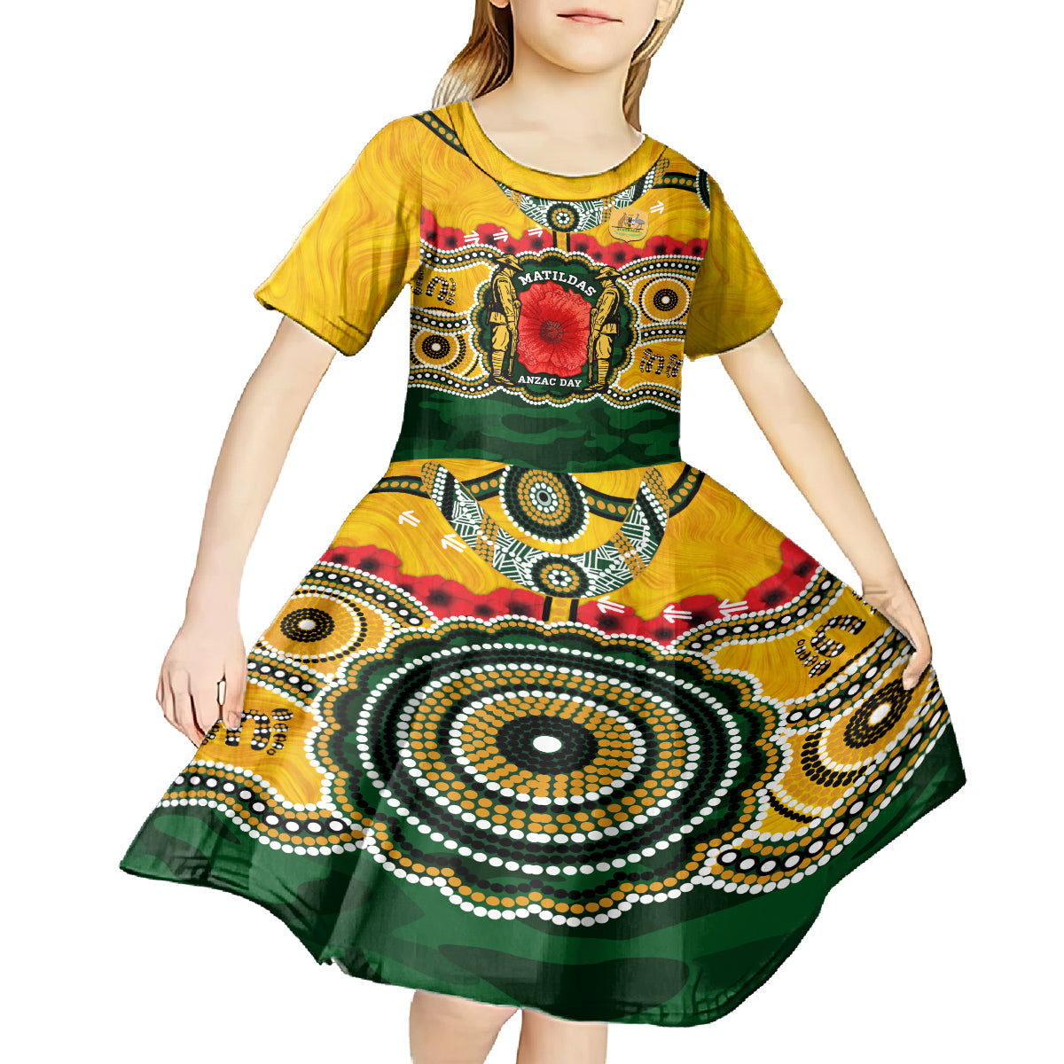 Matildas ANZAC Day 2024 Kid Short Sleeve Dress Australian Army We Will Remember Them Aboriginal Art - Vibe Hoodie Shop