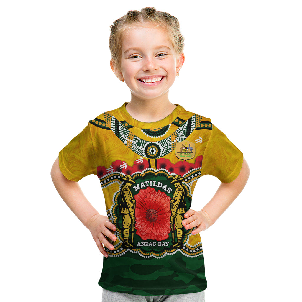 Matildas ANZAC Day 2024 Kid T Shirt Australian Army We Will Remember Them Aboriginal Art - Vibe Hoodie Shop