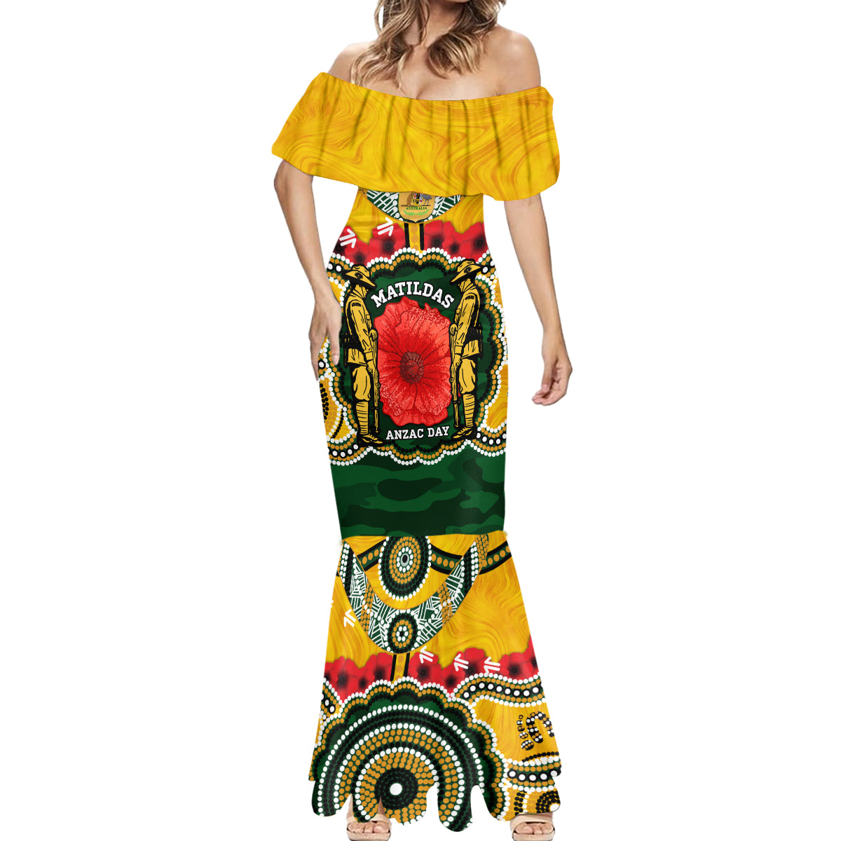 Matildas ANZAC Day 2024 Mermaid Dress Australian Army We Will Remember Them Aboriginal Art