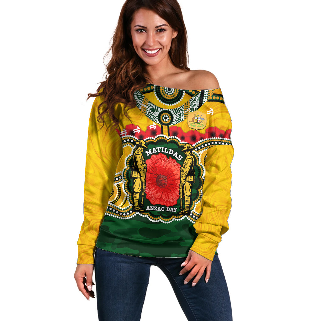 Matildas ANZAC Day 2024 Off Shoulder Sweater Australian Army We Will Remember Them Aboriginal Art - Vibe Hoodie Shop