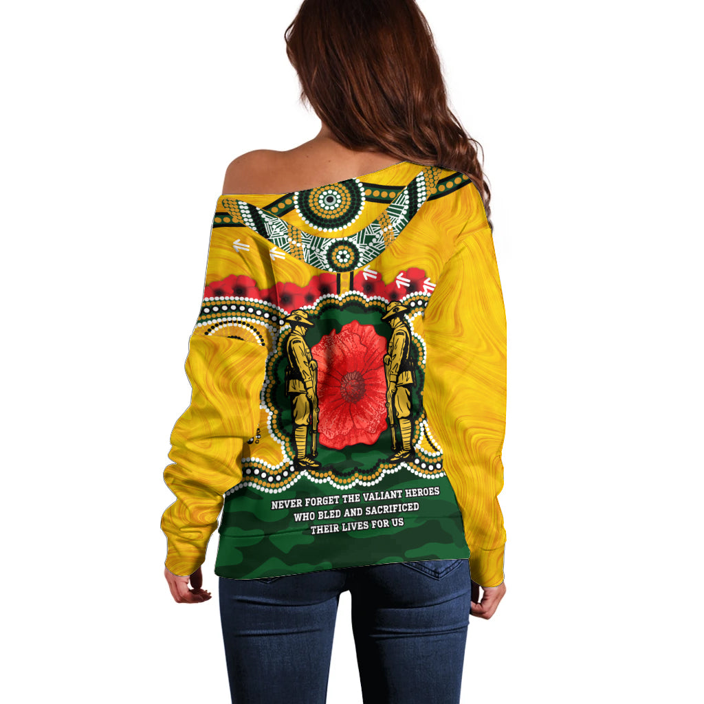 Matildas ANZAC Day 2024 Off Shoulder Sweater Australian Army We Will Remember Them Aboriginal Art - Vibe Hoodie Shop