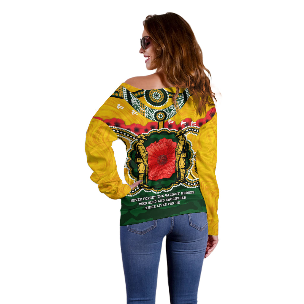 Matildas ANZAC Day 2024 Off Shoulder Sweater Australian Army We Will Remember Them Aboriginal Art - Vibe Hoodie Shop