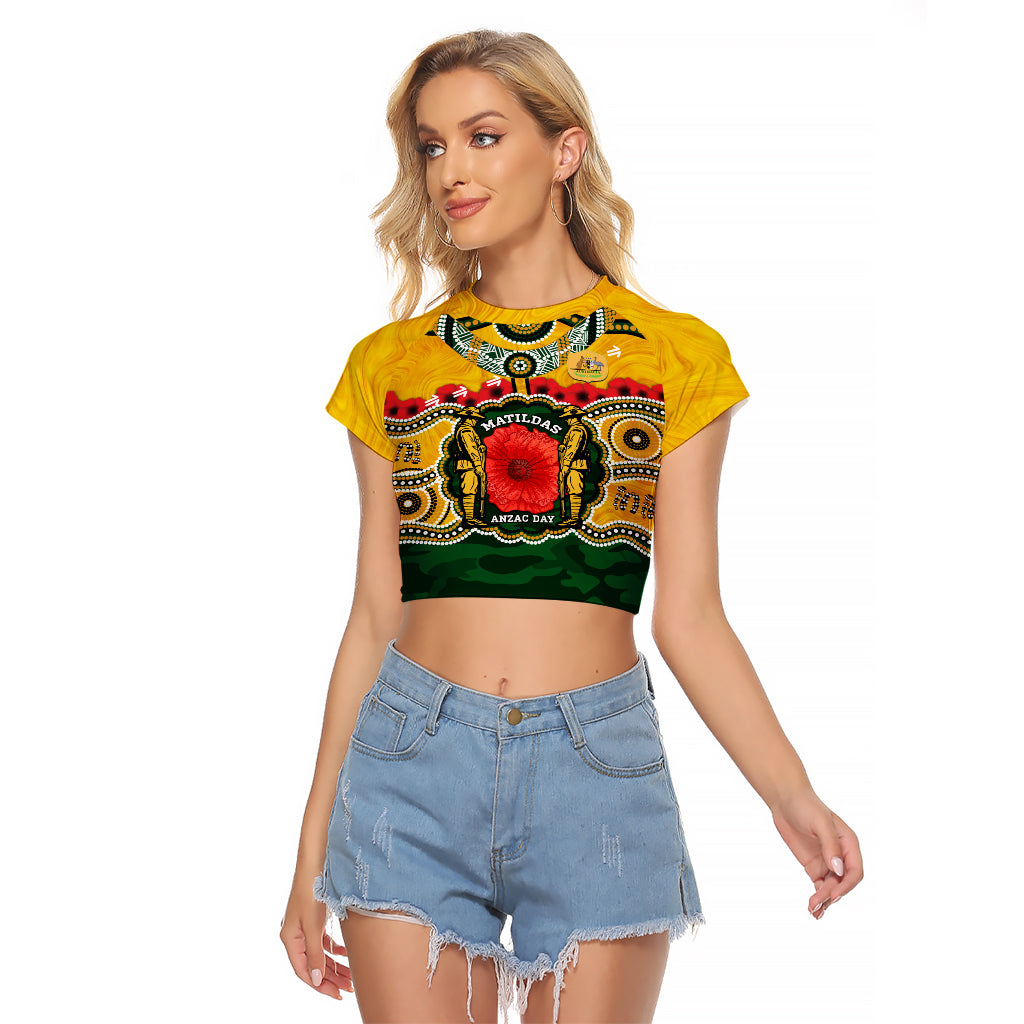 Matildas ANZAC Day 2024 Raglan Cropped T Shirt Australian Army We Will Remember Them Aboriginal Art - Vibe Hoodie Shop