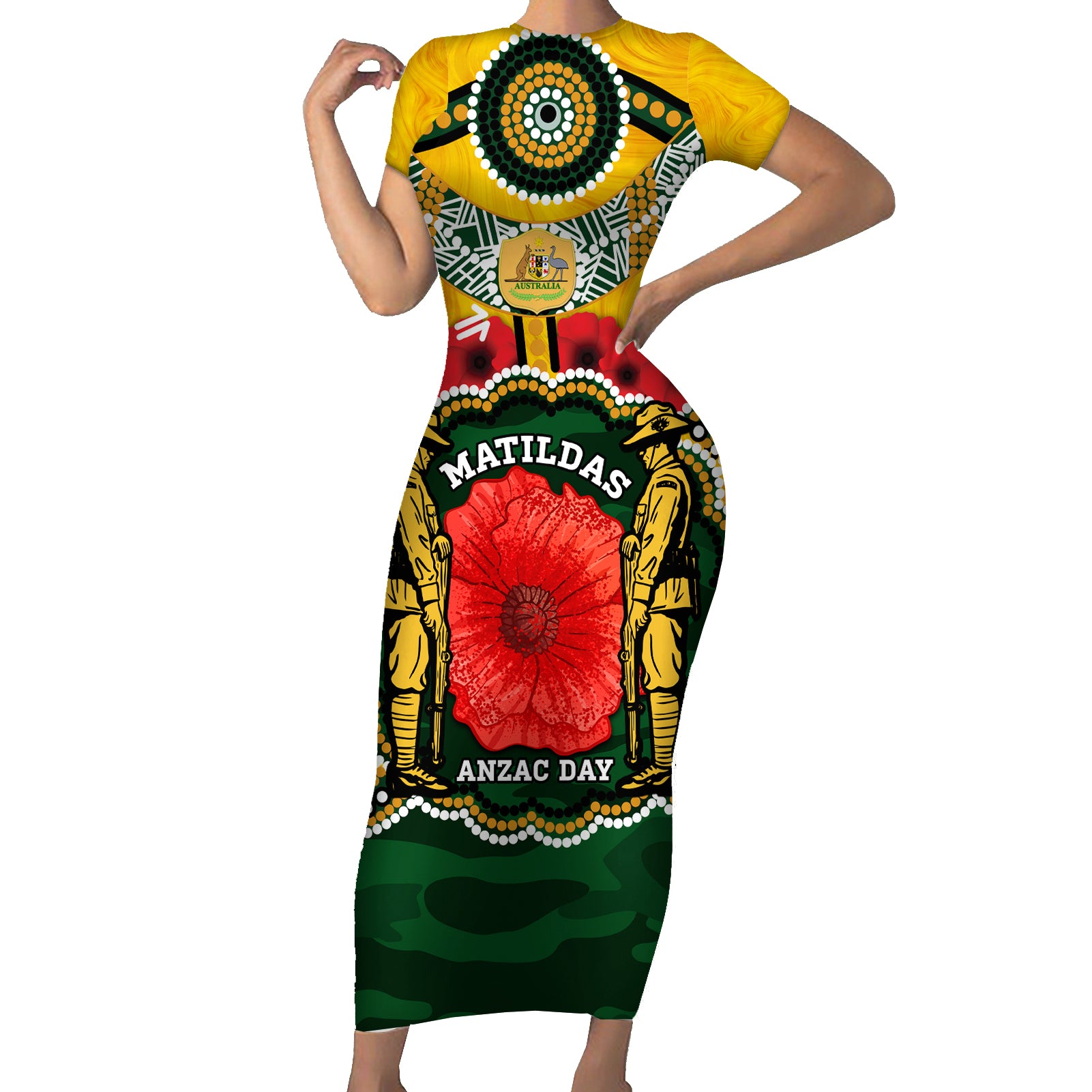 Matildas ANZAC Day 2024 Short Sleeve Bodycon Dress Australian Army We Will Remember Them Aboriginal Art