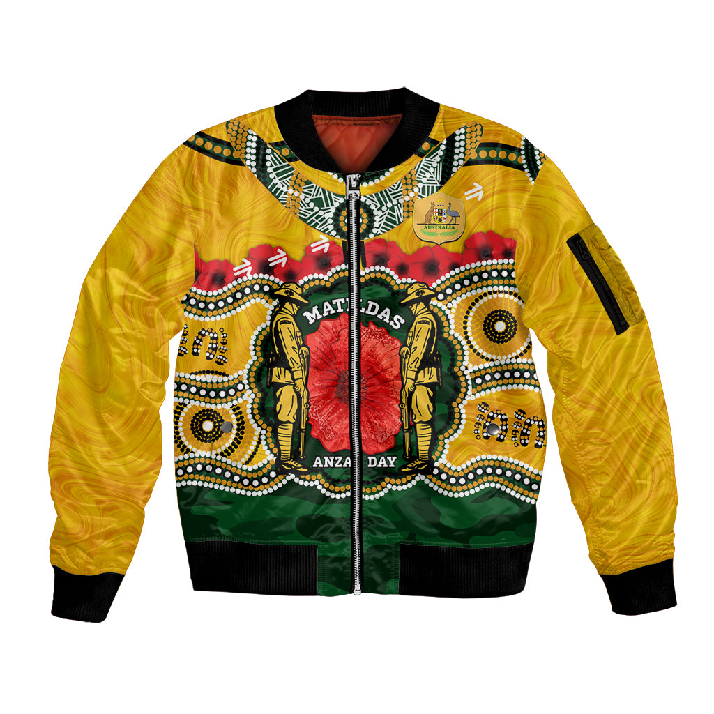 Matildas ANZAC Day 2024 Sleeve Zip Bomber Jacket Australian Army We Will Remember Them Aboriginal Art